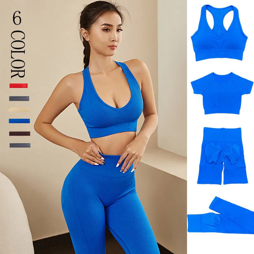 4pcs Sports Bra Workout Women Ribbed Seamless Yoga Sets