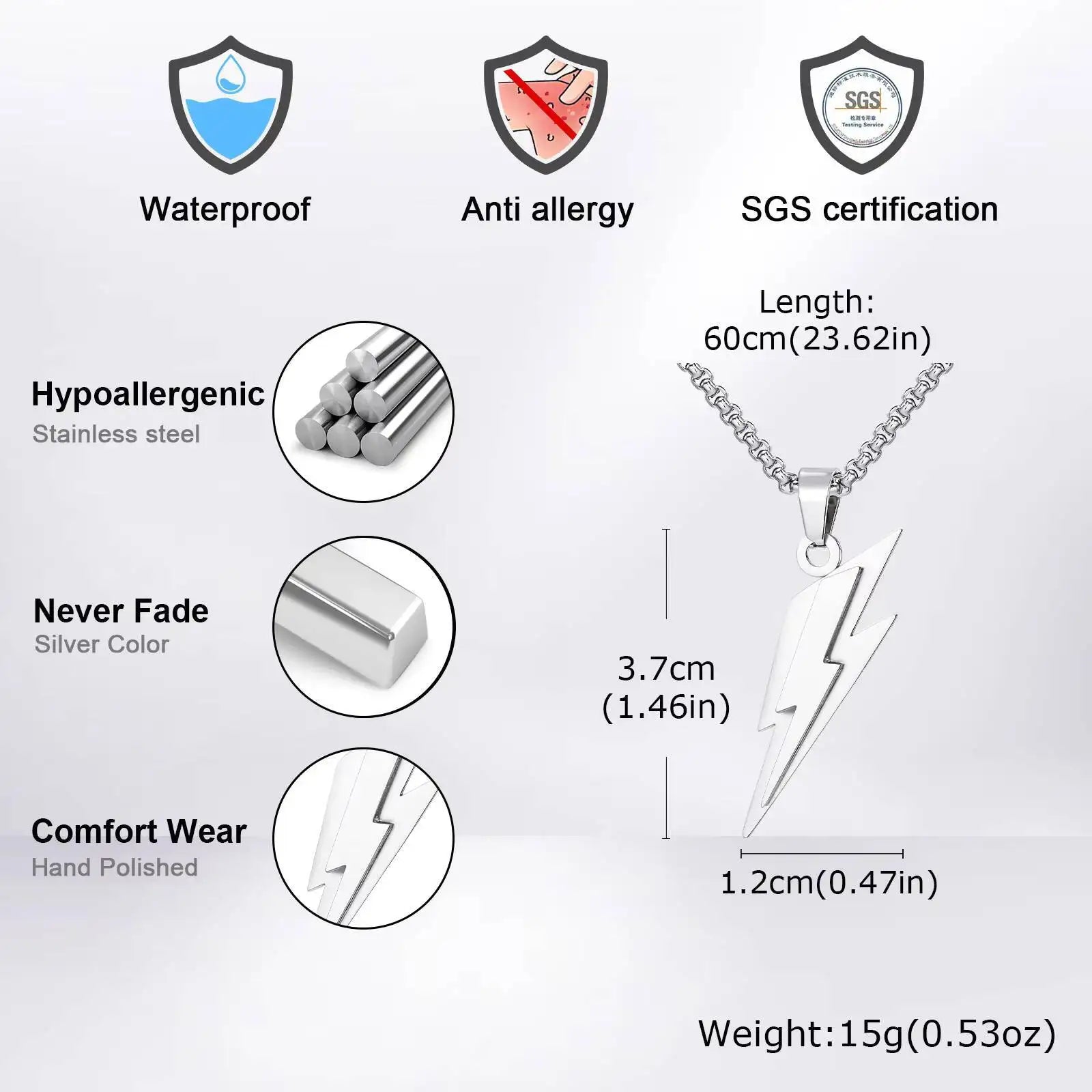 Vnox Stainless Steel Lightning Pendant Necklace, 60cm Box Chain with Lobster Clasp, Punk Waterproof Jewelry Gift for Men Women