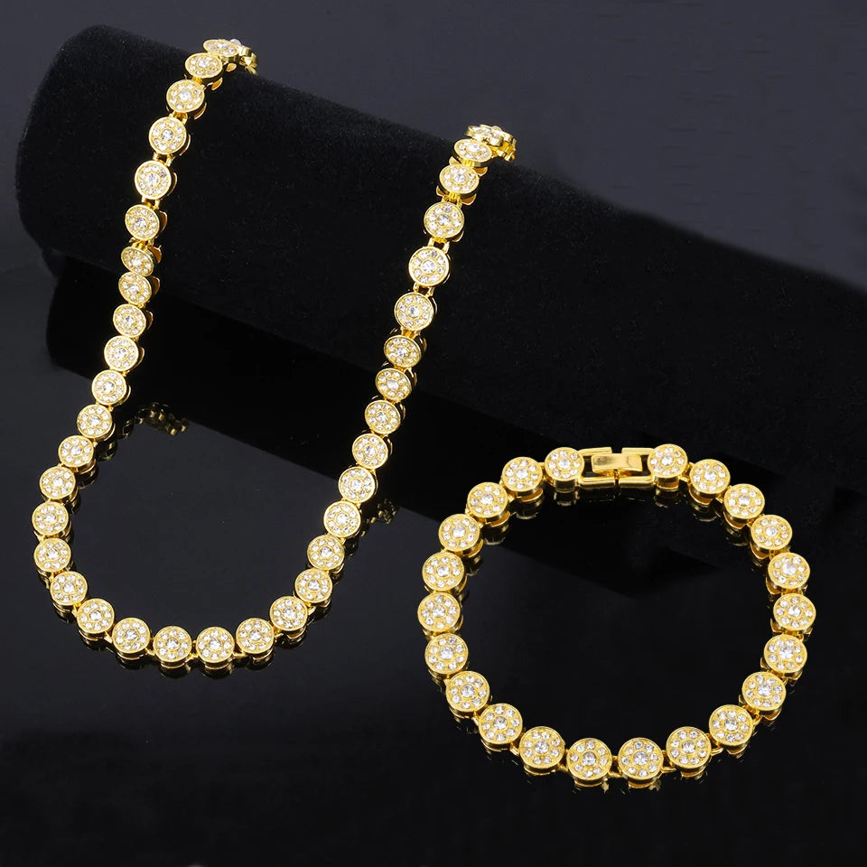 Yupsk Sparkling Luxury Rhinestones Cuban Chain Necklace Bracelet Set for Women Men Round Tennis Hip Hop Jewelry Gift