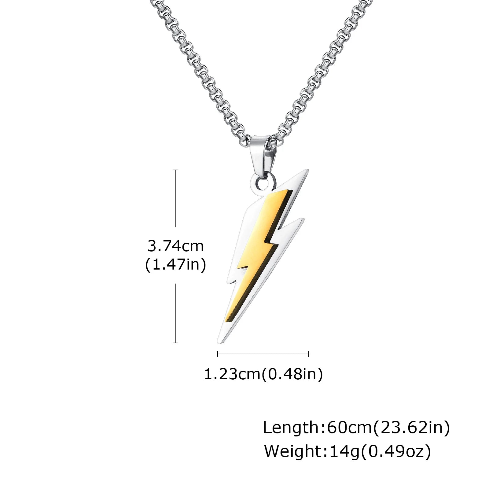 Vnox Stainless Steel Lightning Pendant Necklace, 60cm Box Chain with Lobster Clasp, Punk Waterproof Jewelry Gift for Men Women