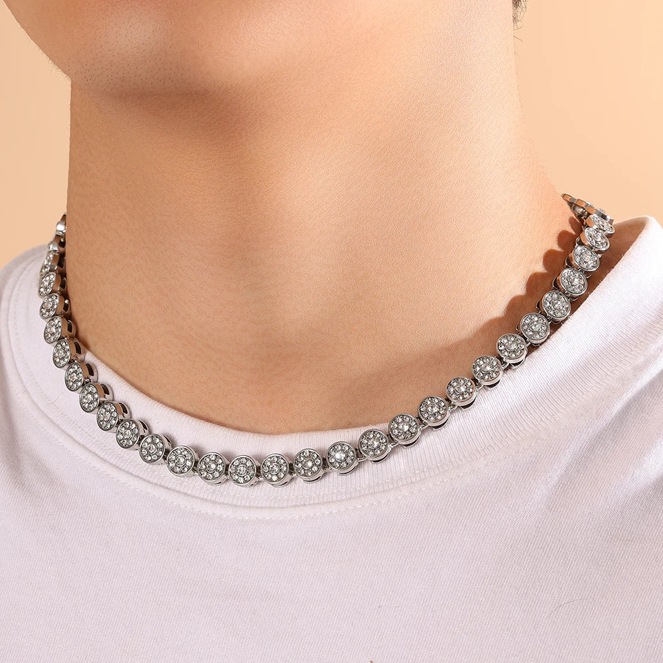 Yupsk Sparkling Luxury Rhinestones Cuban Chain Necklace Bracelet Set for Women Men Round Tennis Hip Hop Jewelry Gift