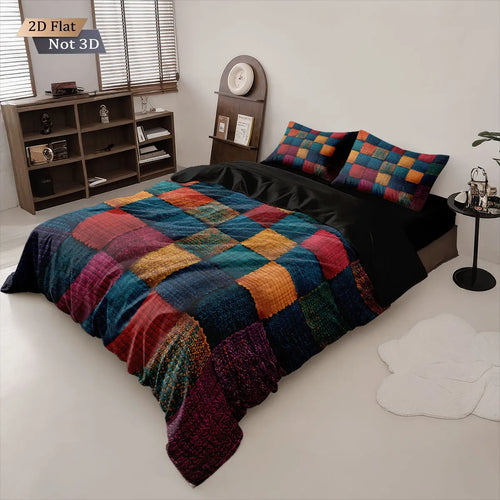 3pcs Color Block Splicing Printed Coreless Down Duvet Cover Set, Multi Size Bedroom Bedding Decoration, Machine Washable