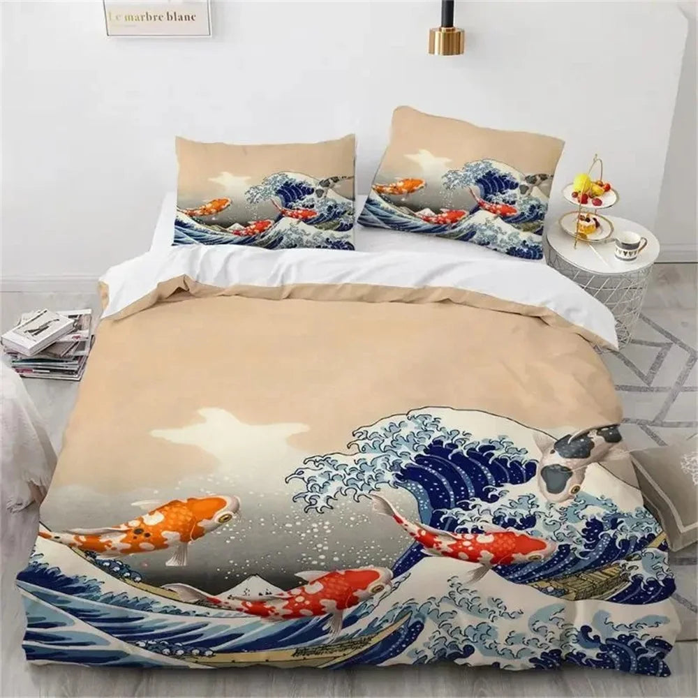 Wave Duvet Cover Set Hokusai Pattern Japanese Ukiyoe Quilt Cover Oriental Sketch Style Ocean Queen Twin Polyester Bedding Set