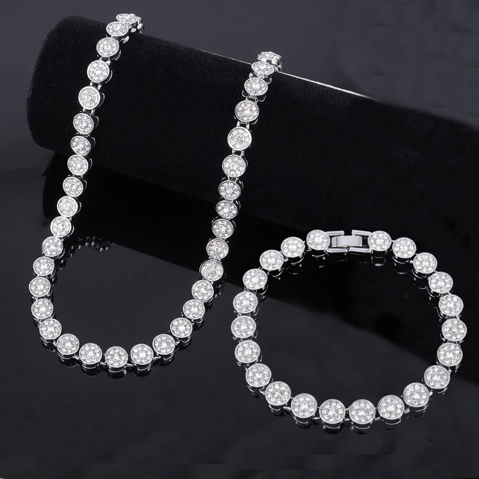Yupsk Sparkling Luxury Rhinestones Cuban Chain Necklace Bracelet Set for Women Men Round Tennis Hip Hop Jewelry Gift