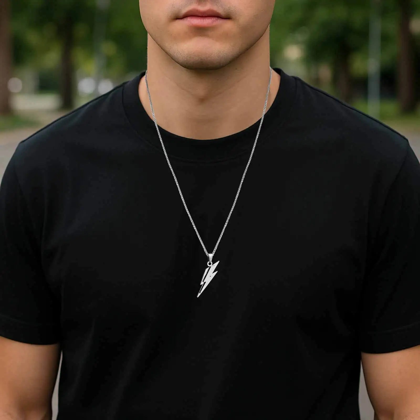 Vnox Stainless Steel Lightning Pendant Necklace, 60cm Box Chain with Lobster Clasp, Punk Waterproof Jewelry Gift for Men Women