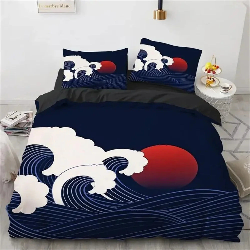Wave Duvet Cover Set Hokusai Pattern Japanese Ukiyoe Quilt Cover Oriental Sketch Style Ocean Queen Twin Polyester Bedding Set