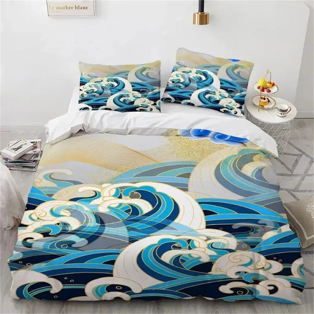 Wave Duvet Cover Set Hokusai Pattern Japanese Ukiyoe Quilt Cover Oriental Sketch Style Ocean Queen Twin Polyester Bedding Set